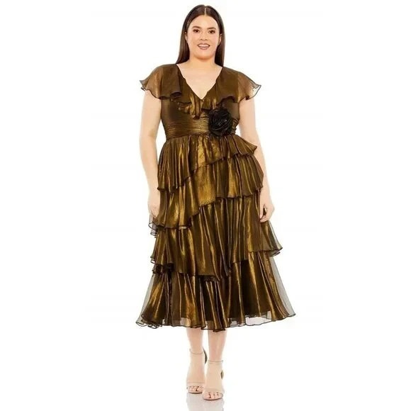 NWT Mac Duggal 49775Black Gold Party Ruffle Tier Dress 14W Retail $498